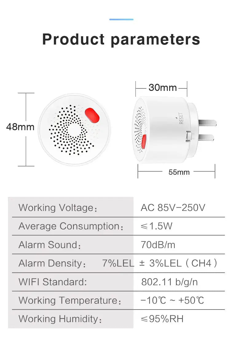 Gas leak alarm detector, white round sensor with red button, Tuya Smart Home wifi gas detector by Simples Market