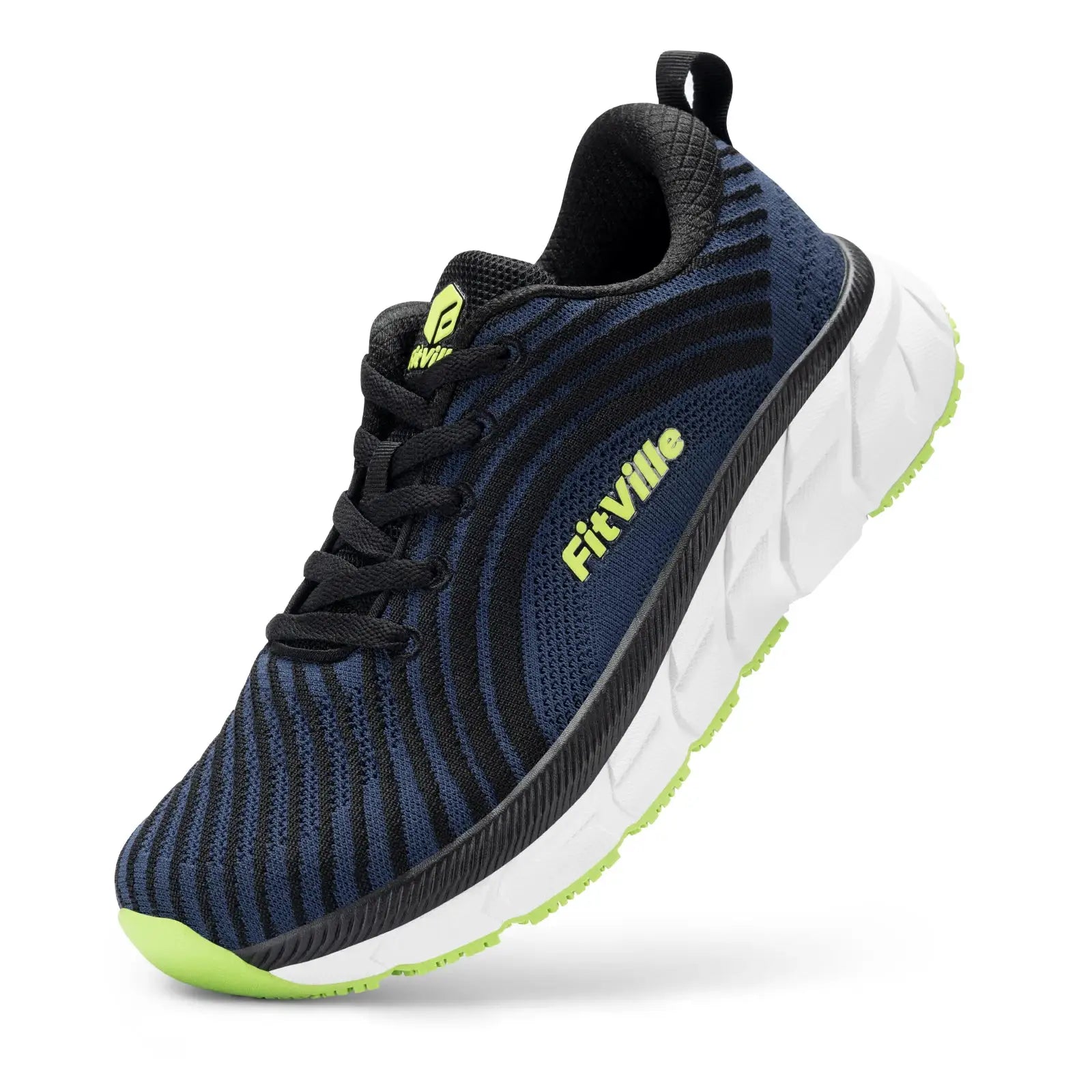 FitVille men's wide-toe-box running shoe, navy breathable knit upper, neon lime logo, white midsole with lime outsole.