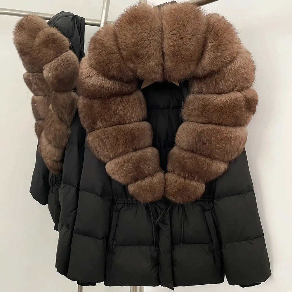 Womens Real Fox Fur Collar Duck Down Coat With Raccoon Fur Trim Hooded Puffer Jacket