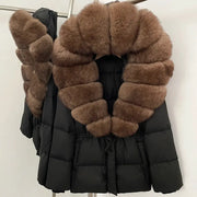 Womens Real Fox Fur Collar Duck Down Coat With Raccoon Fur Trim Hooded Puffer Jacket