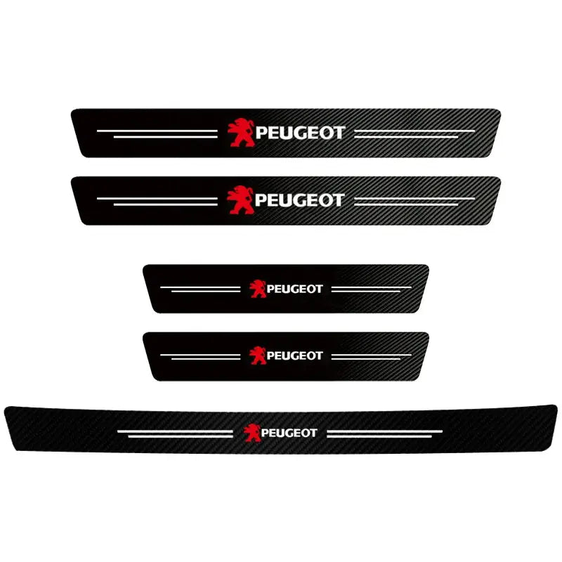 Door sill protectors for Peugeot cars; black carbon fiber-look with white stripes and red Peugeot logo set of 4