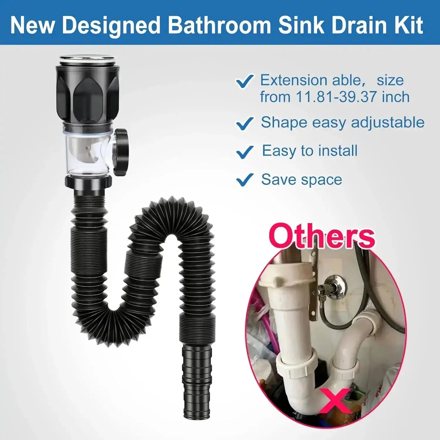 Simples Market kitchen sink drain hose kit with universal flexible black hoses and adapters