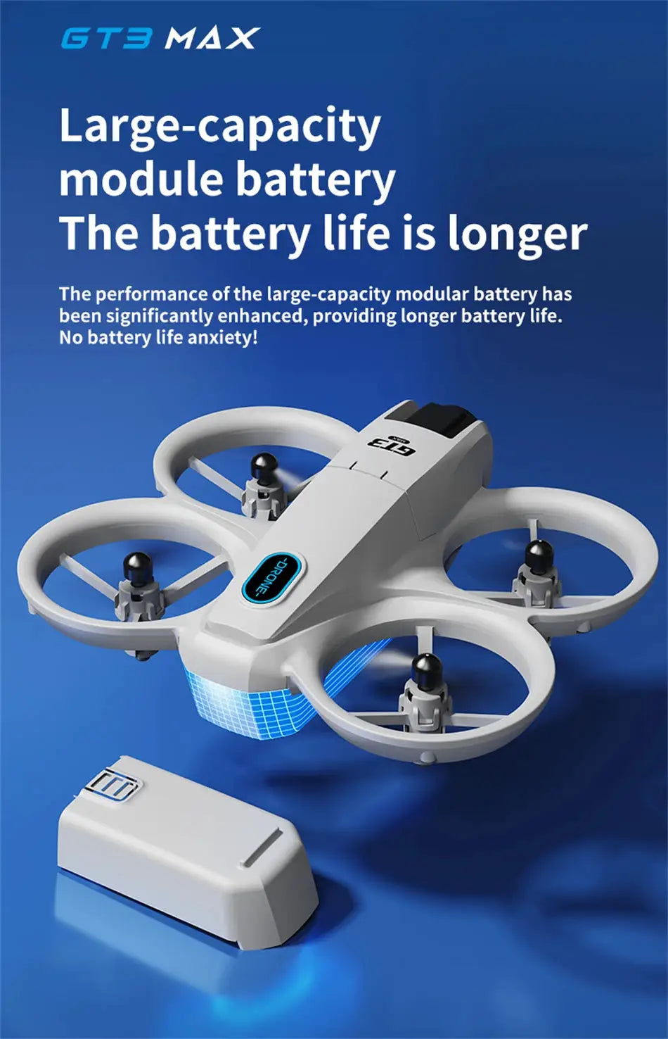 GT3 MAX quadcopter drone with circular rotor guards and large-capacity modular battery, white