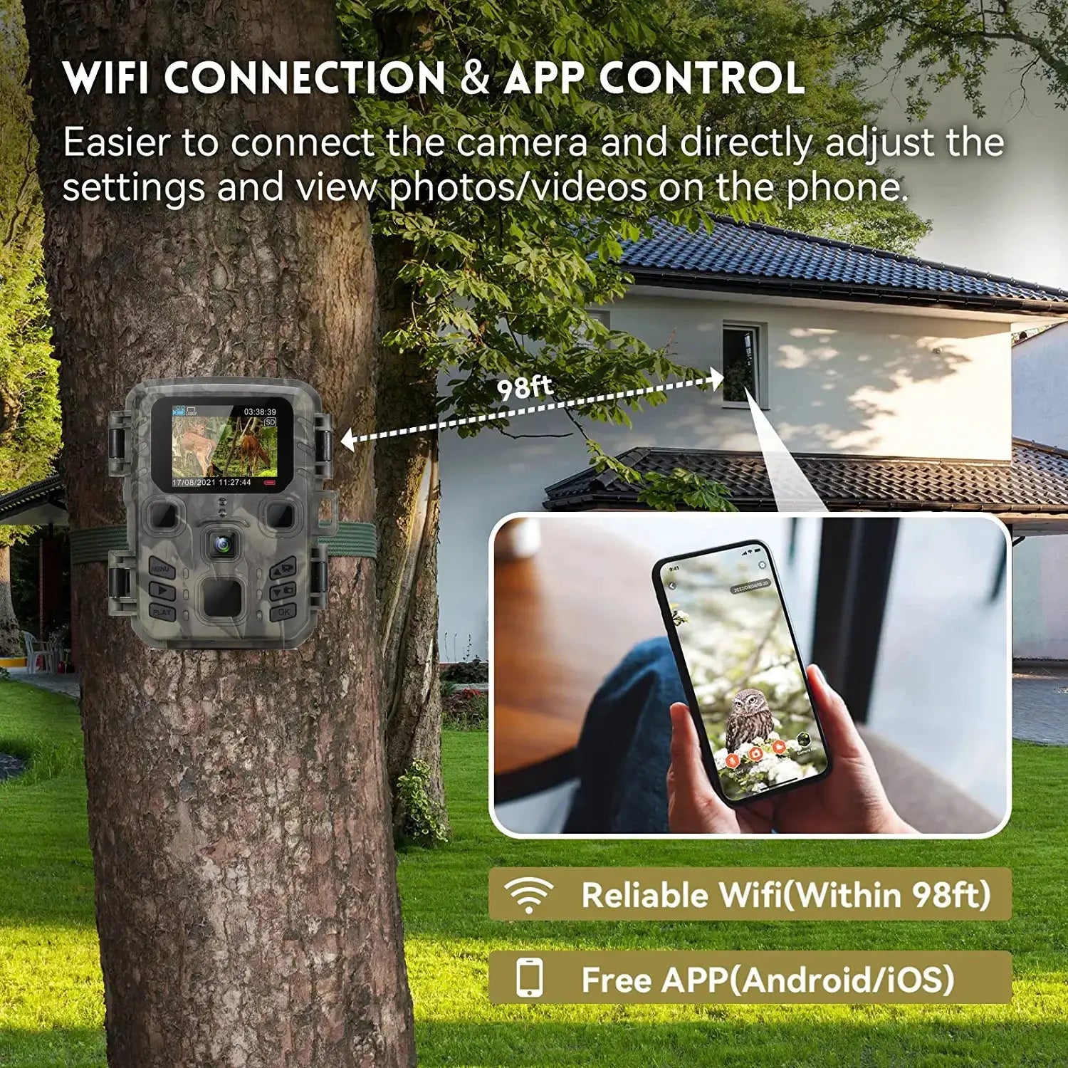 Suntekcam 20MP wireless hunting camera mounted on a tree; camouflage body with app control and 98ft WiFi