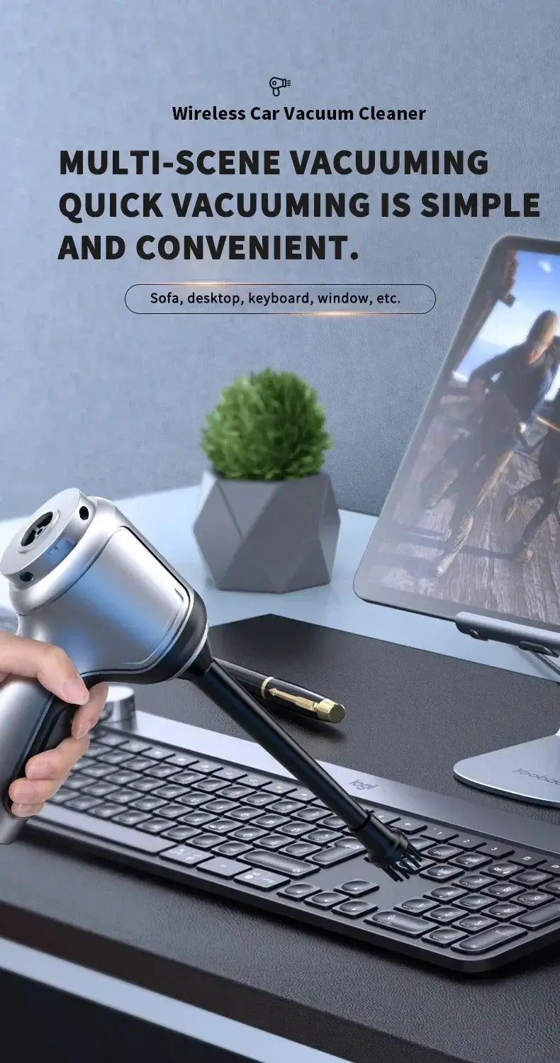 95000PA Car Vacuum Cleaner by Simples Market, wireless handheld with strong suction in silver/black