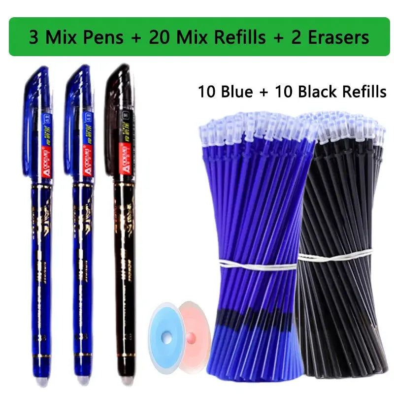 Simples Market 25-piece kawaii erasable gel pen set with blue and black pens, 10 blue + 10 black refills, and 2 erasers