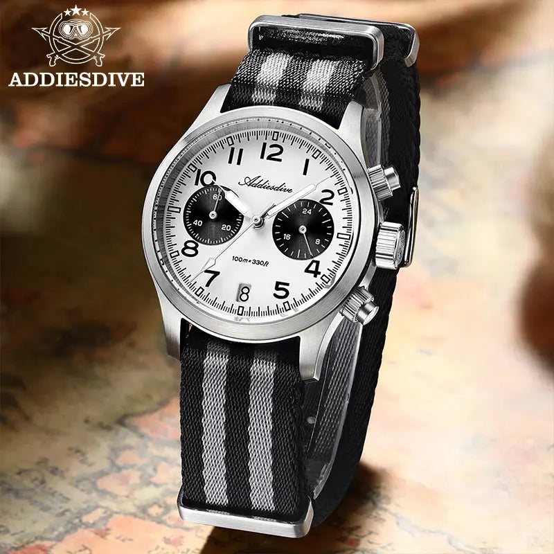 Addiesdive men's chronograph watch with white dial, black subdials, stainless steel case, striped black/gray NATO strap.