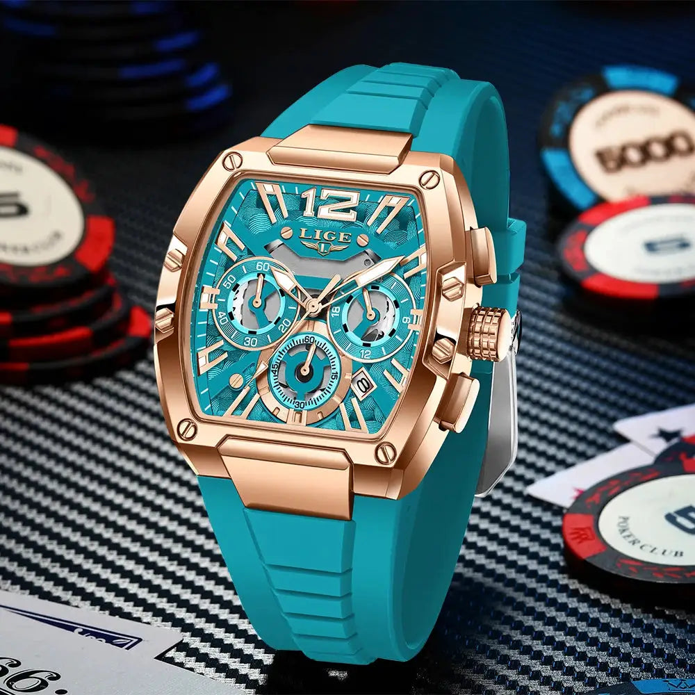 LIGE men's chronograph calendar wristwatch with turquoise silicone strap and rose-gold case.