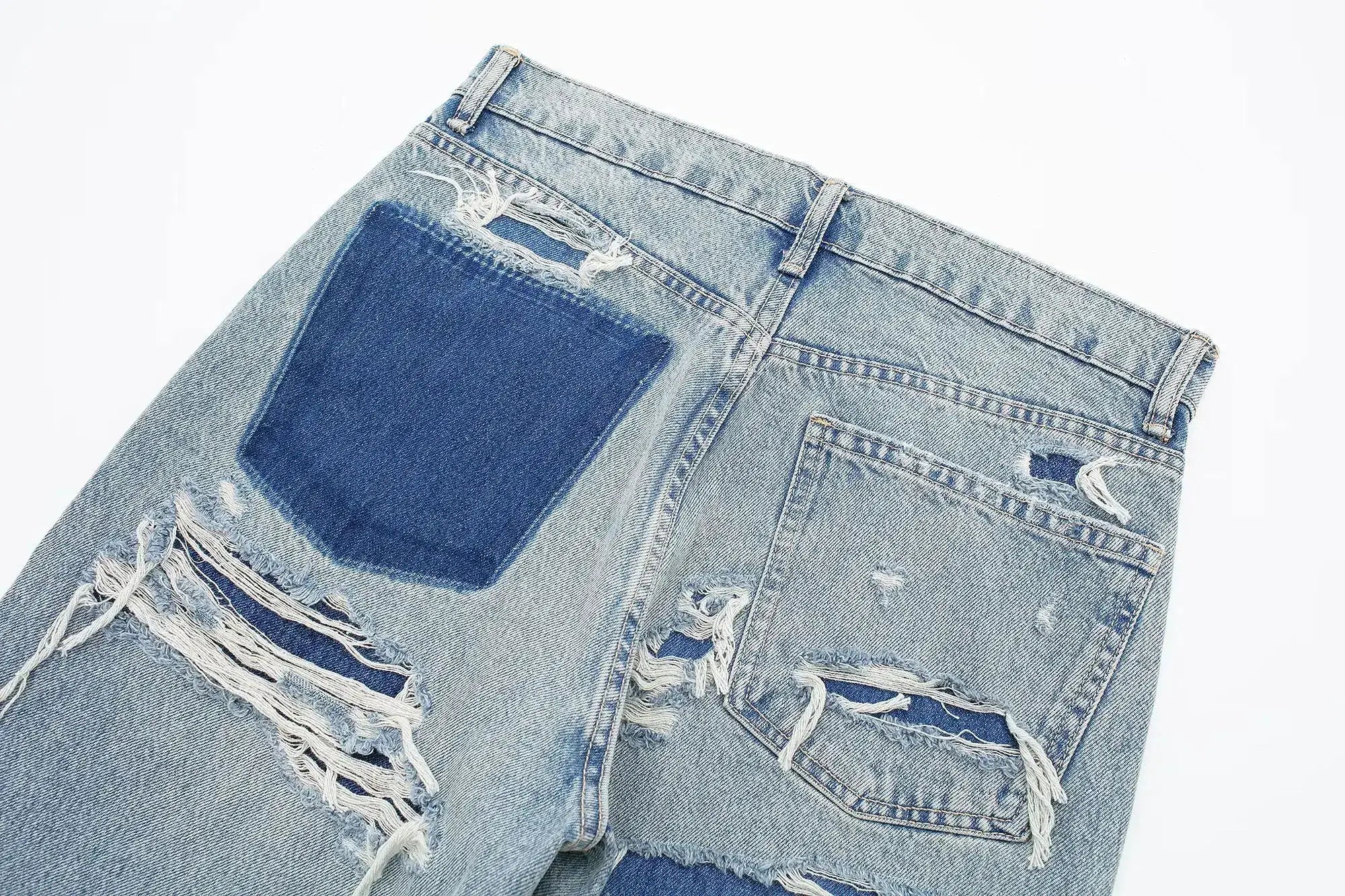 HH 2024 Womens Distressed Patchwork Denim Jeans High Waist Ripped