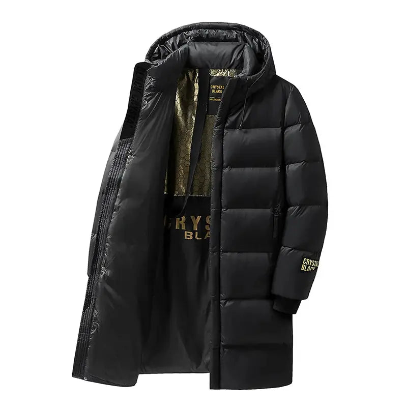 Men's black long waterproof down puffer jacket with hood, gold inner lining, Crystal Black