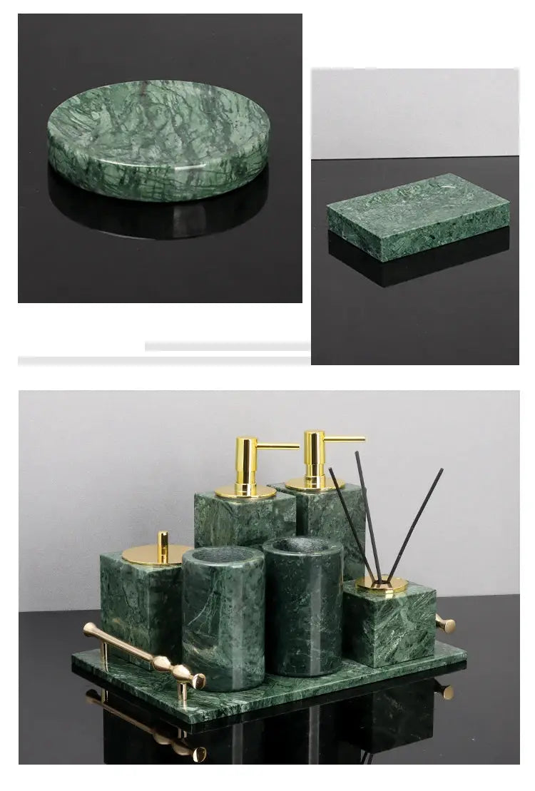 Green marble bathroom set by Simples Market with retro soap dispenser, dish, toothbrush holder and tissue box on tray
