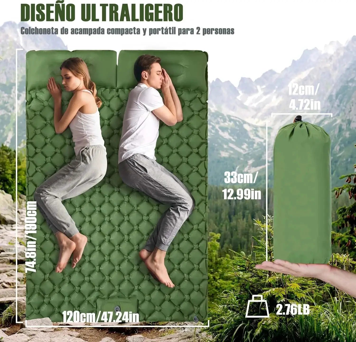 Outdoor camping double inflatable mattress by Simples Market, ultralight, extra wide green sleeping pad.