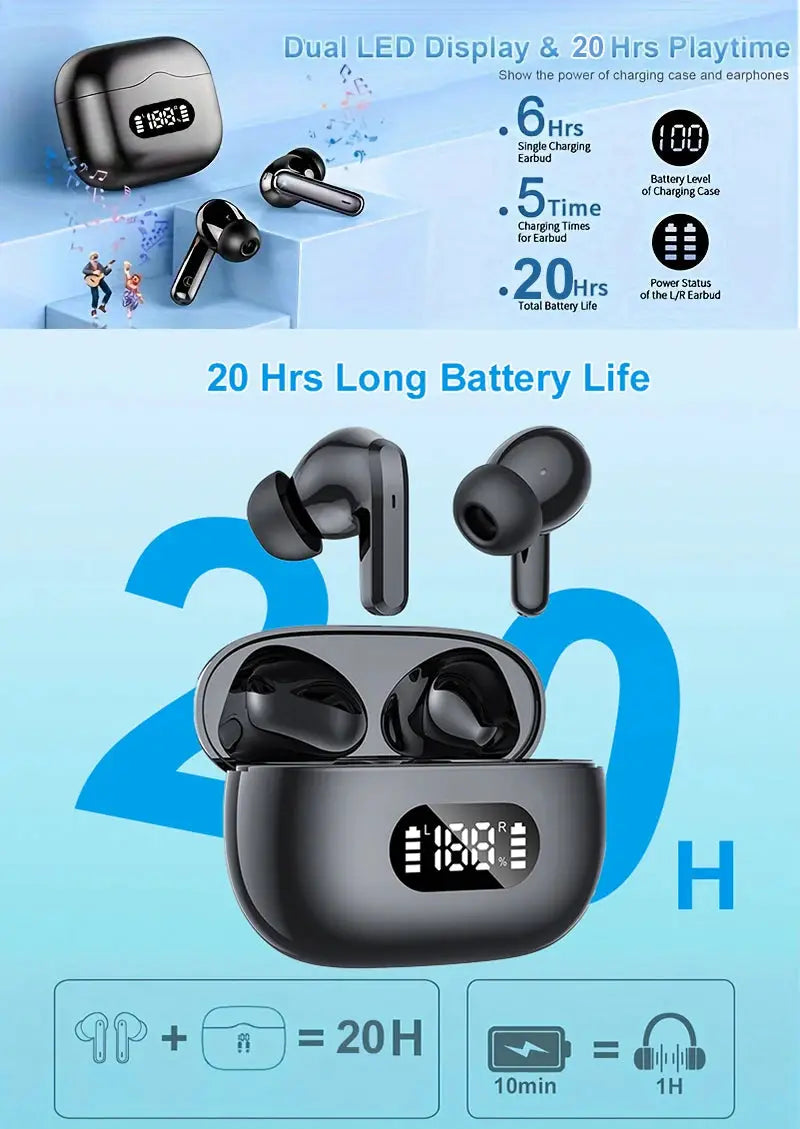 Wireless pair of earbuds with charging case in black, LED battery display, 20H total battery life