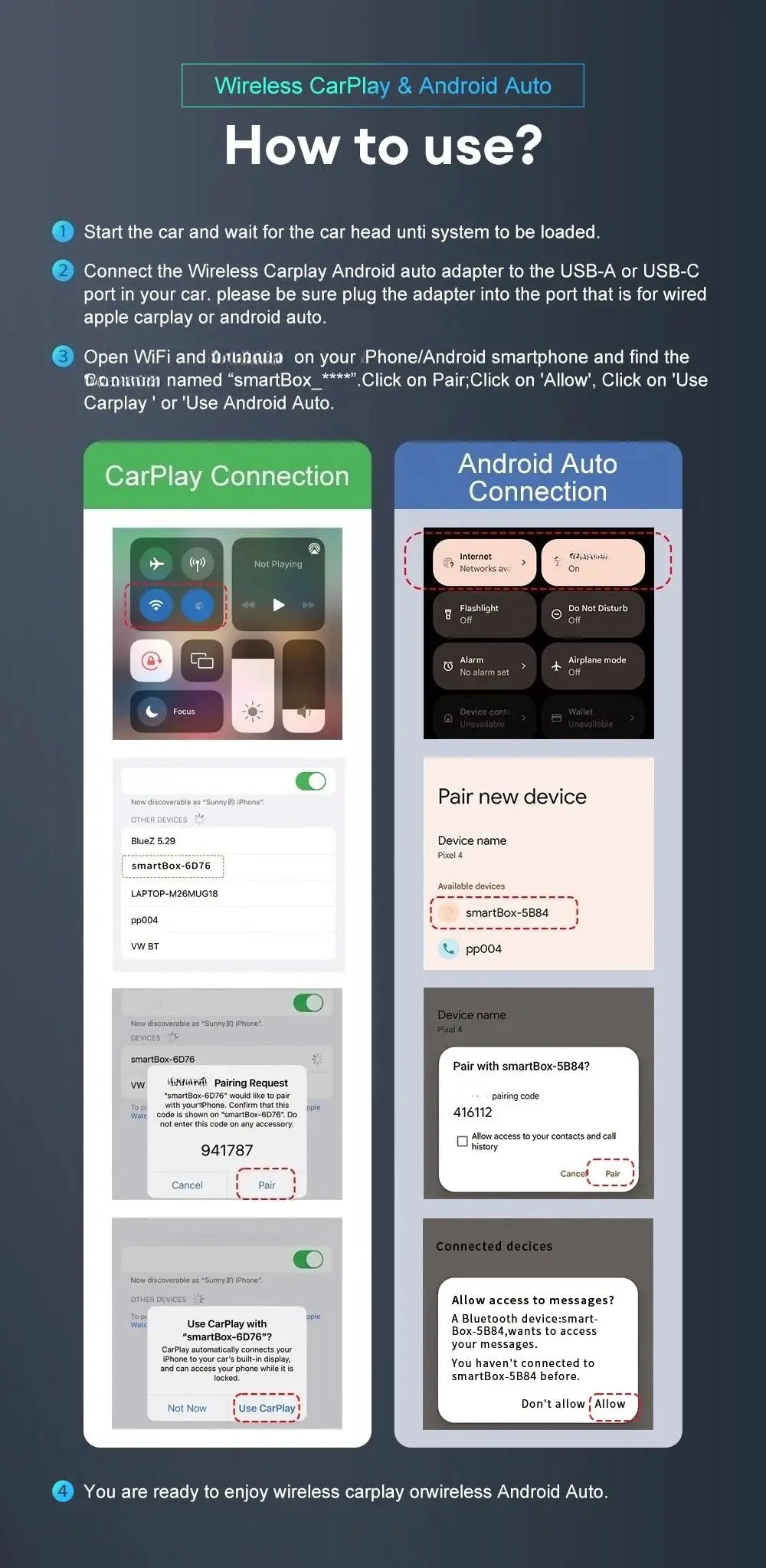 Original FLIXIVI 2-in-1 CarPlay Android Auto wireless adapter by Simples Market; pairing steps infographic