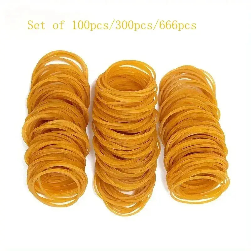 Yellow natural rubber bands set, 38mm diameter, three stacks of 100/300/666 pcs