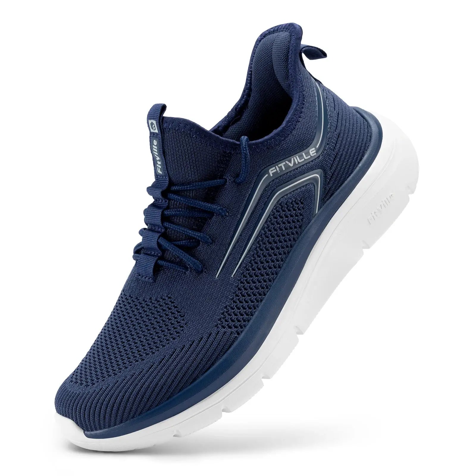FitVille navy blue thick-sole running shoe with white sole, knit upper, arch support