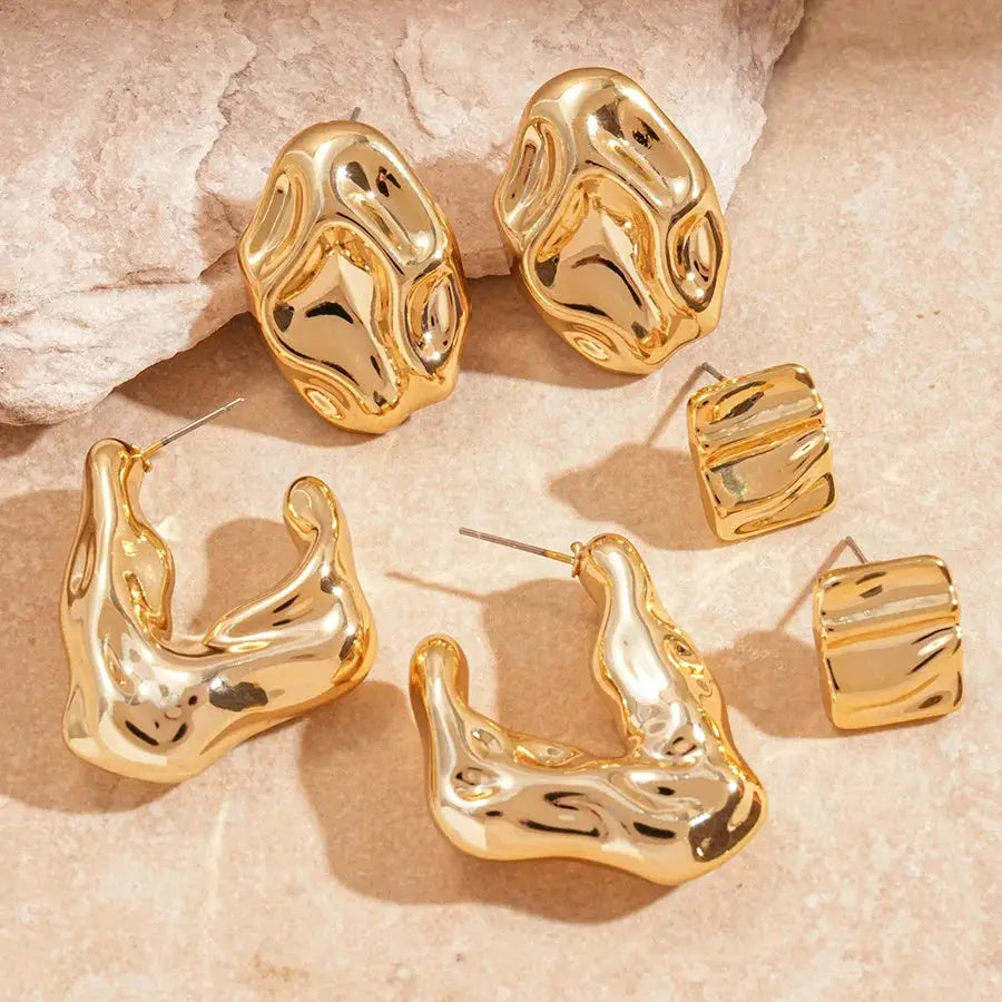 Gold-tone and silver-tone irregular pleated oval acrylic earrings set with geometric square shapes; 6 pieces