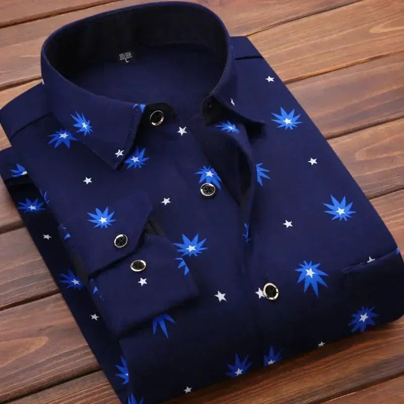 Men's navy star-pattern long-sleeve shirt with metal buttons