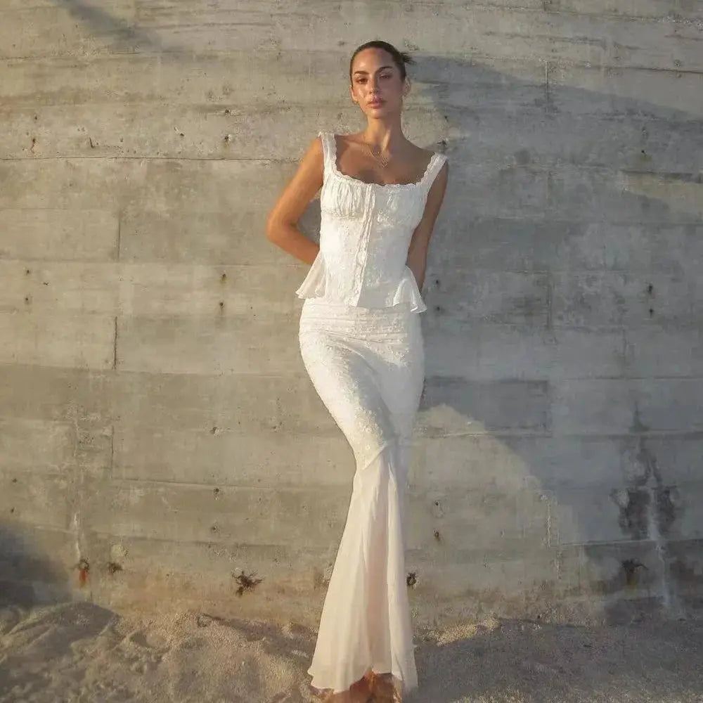 Minigmingxi 2024 Summer Beige Two Piece Dress Set Mermaid Skirt