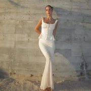 Minigmingxi 2024 Summer Beige Two Piece Dress Set Mermaid Skirt