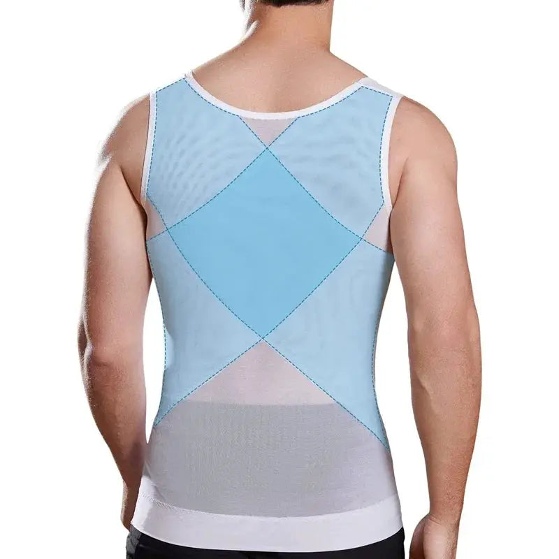 Mens slimming body shaper vest with crisscross mesh back, blue and gray panels.