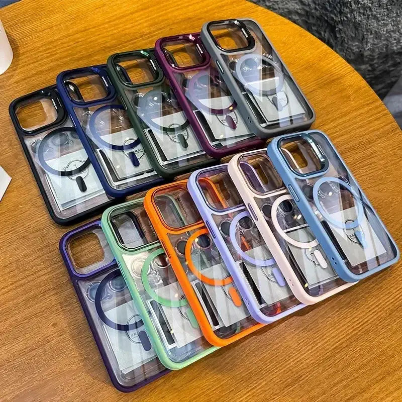 LuxGuard Luxury Magnetic Shockproof Phone Case for iPhone 11 to 16 Pro Max with Stand and Lens Protection