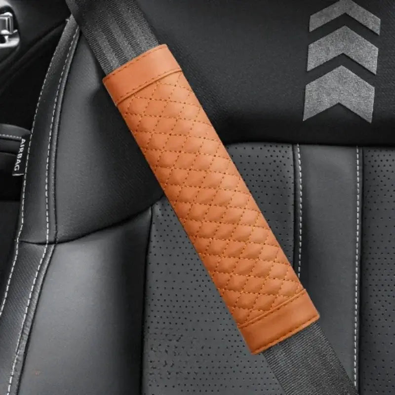 Car seat belt shoulder cover by Simples Market; brown quilted leather, wear-resistant, non-slip interior car accessory