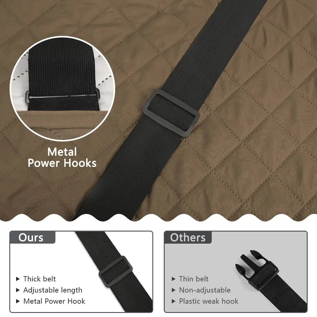 Sofa cover waterproof slipcover in brown quilted fabric with adjustable black belt strap and metal power hooks