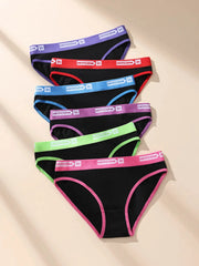 6-pack women cotton panties in black with multicolor elastic waistbands