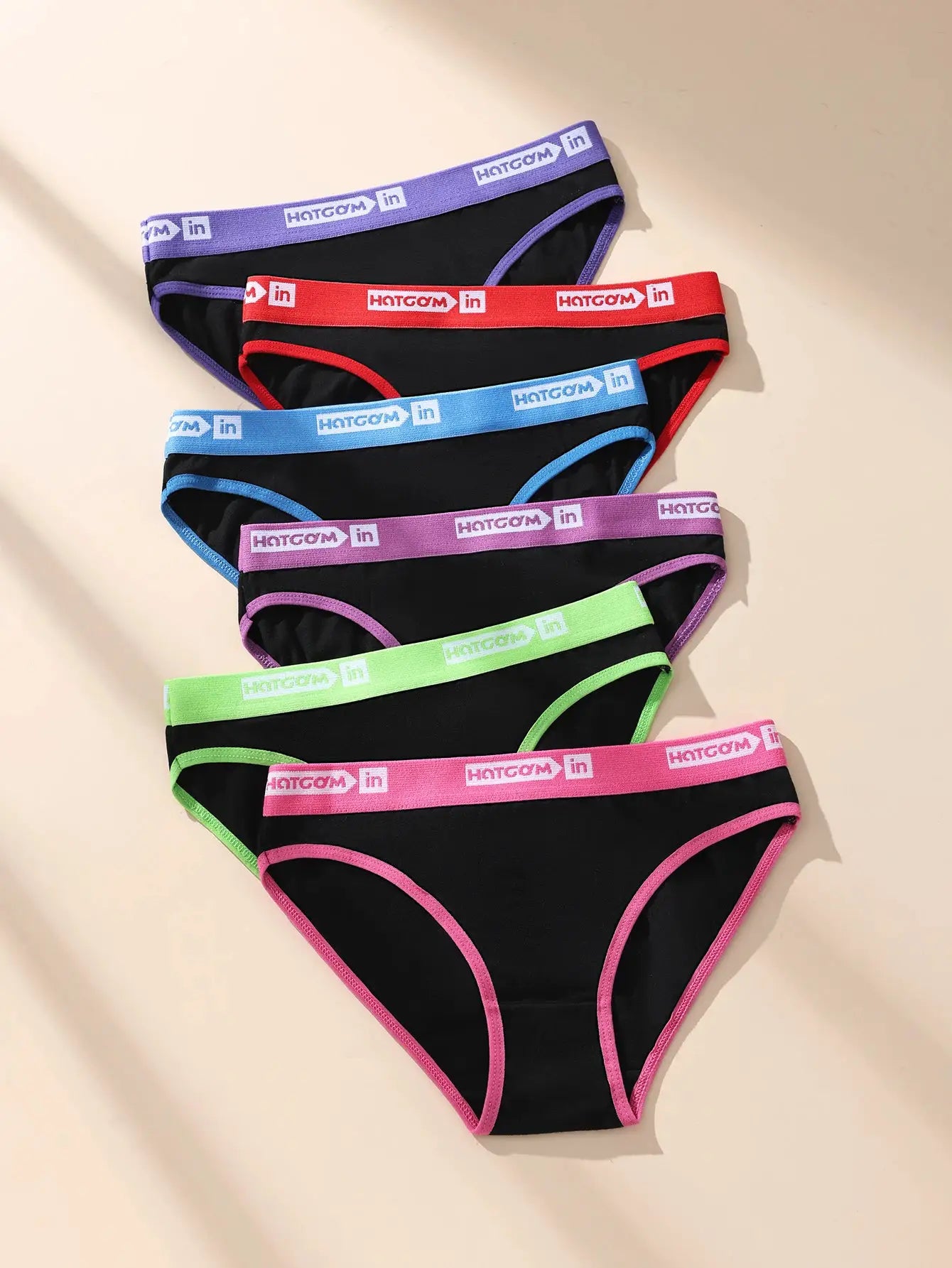 6-pack women cotton panties in black with multicolor elastic waistbands
