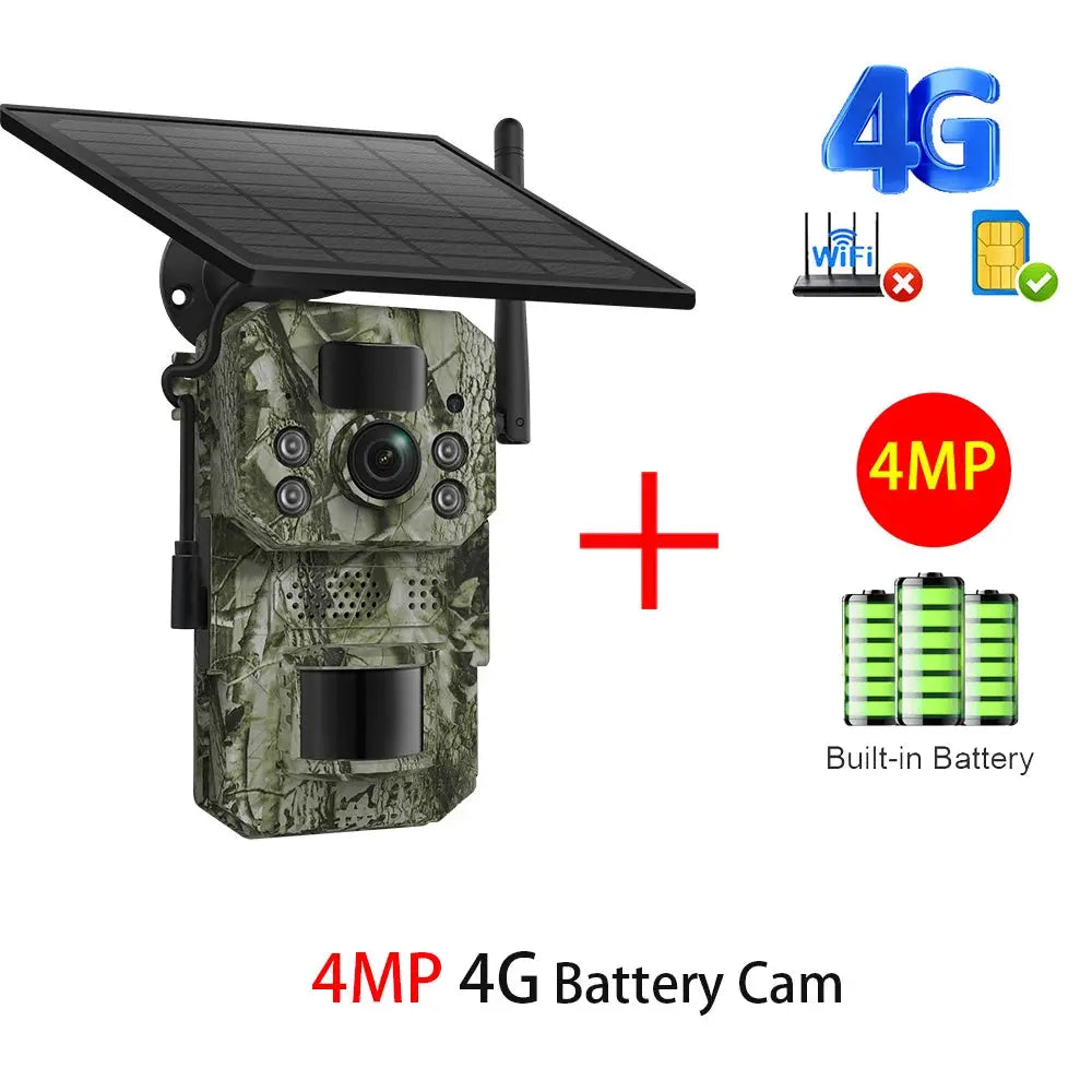 INQMEGA4G 4MP 4G solar trail camera in camouflage with built-in battery and PIR motion sensor by Simples Market