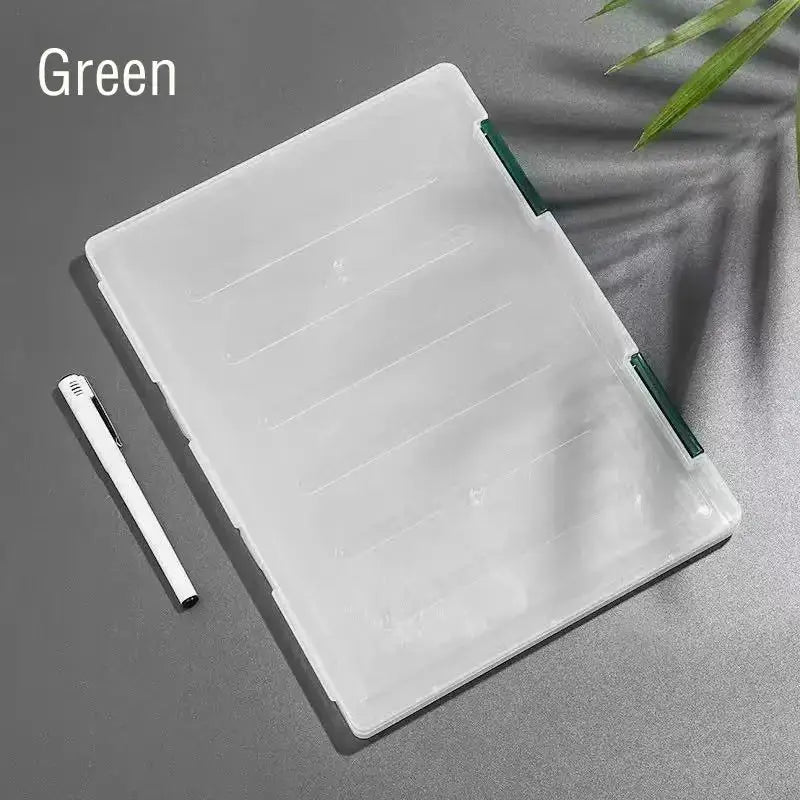 1pc transparent A4 plastic file box with dual-layer design and green latches, for school use