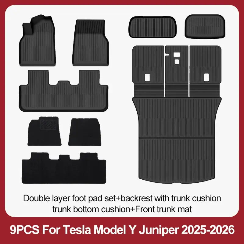 9-piece black all-weather rubber floor mat set for Tesla Model Y Juniper 2025-2026, includes front, rear, trunk mats