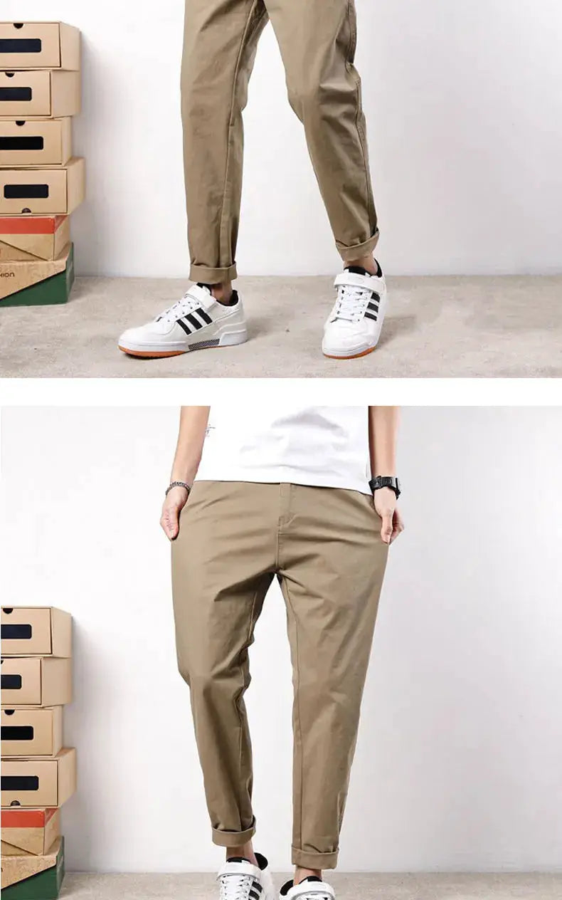 HIQOR men's cotton casual pants in khaki, elastic waistband, rolled cuffs, streetwear style
