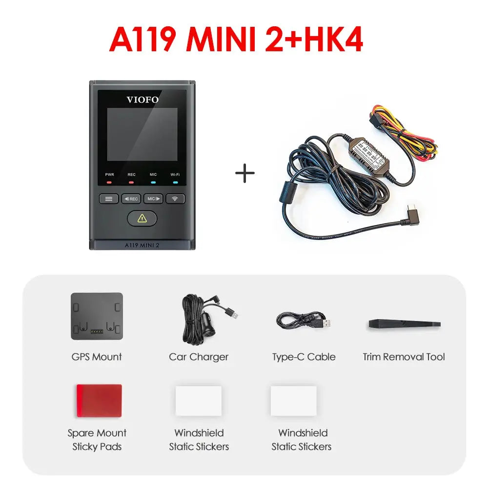 VIOFO A119 MINI 2 dash cam in black with GPS mount, car charger and Type-C cable kit