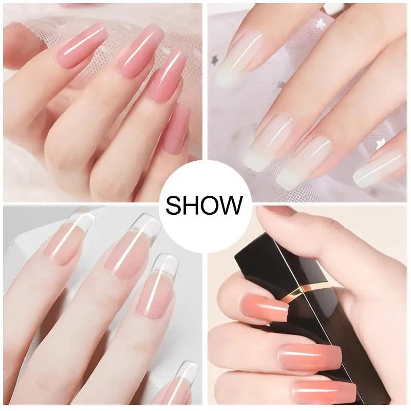 Simples Market professional gel nail polish kit with semi-permanent colors; four pink-to-peach manicures shown with a UV LED dryer.
