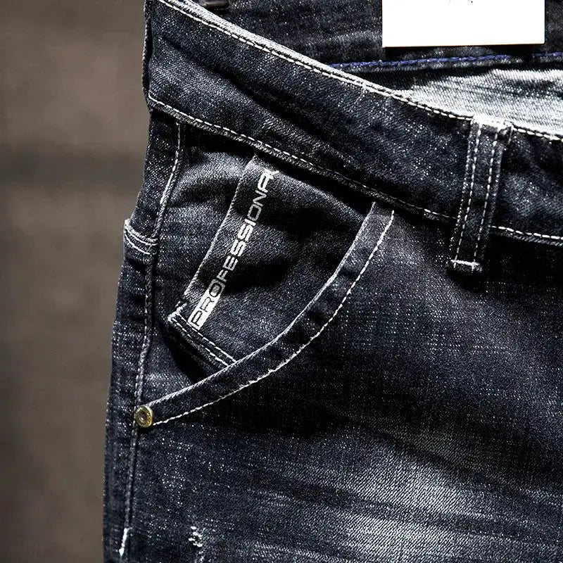 Men's dark blue cotton denim jeans, slim-fit straight leg with distressed details and Professione label