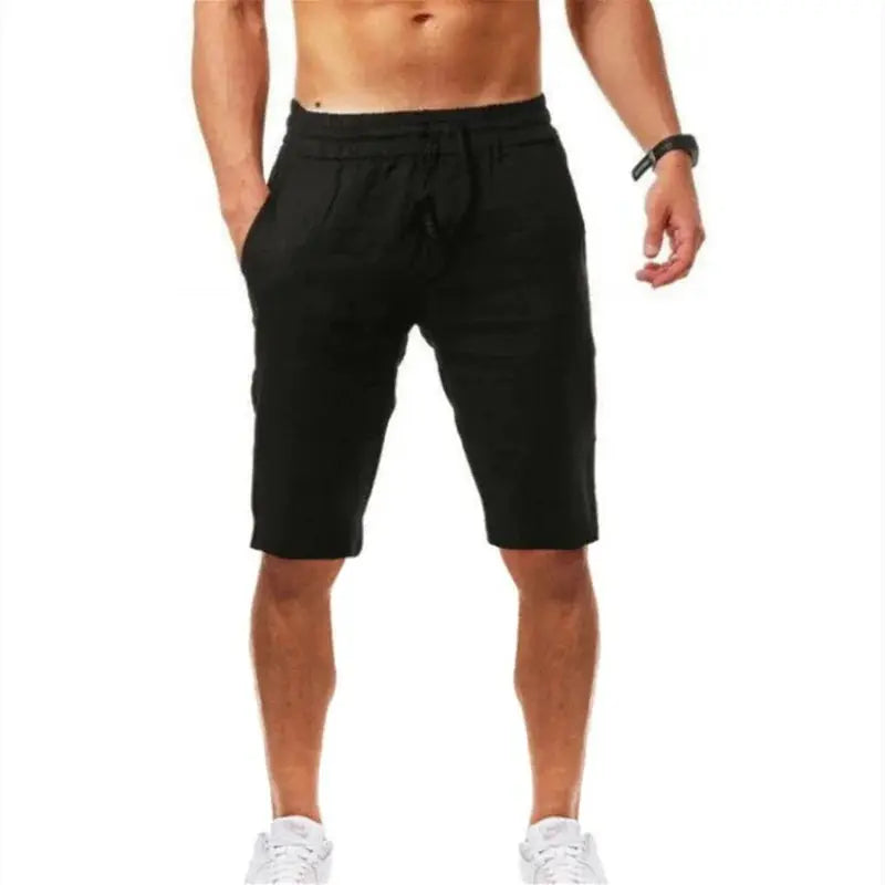 Simples Market men's black cotton shorts, knee-length with drawstring waist, fitness streetwear