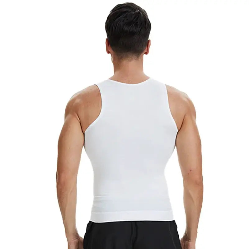 Men's white sleeveless compression shirt for tummy control and waist shaping, fitness