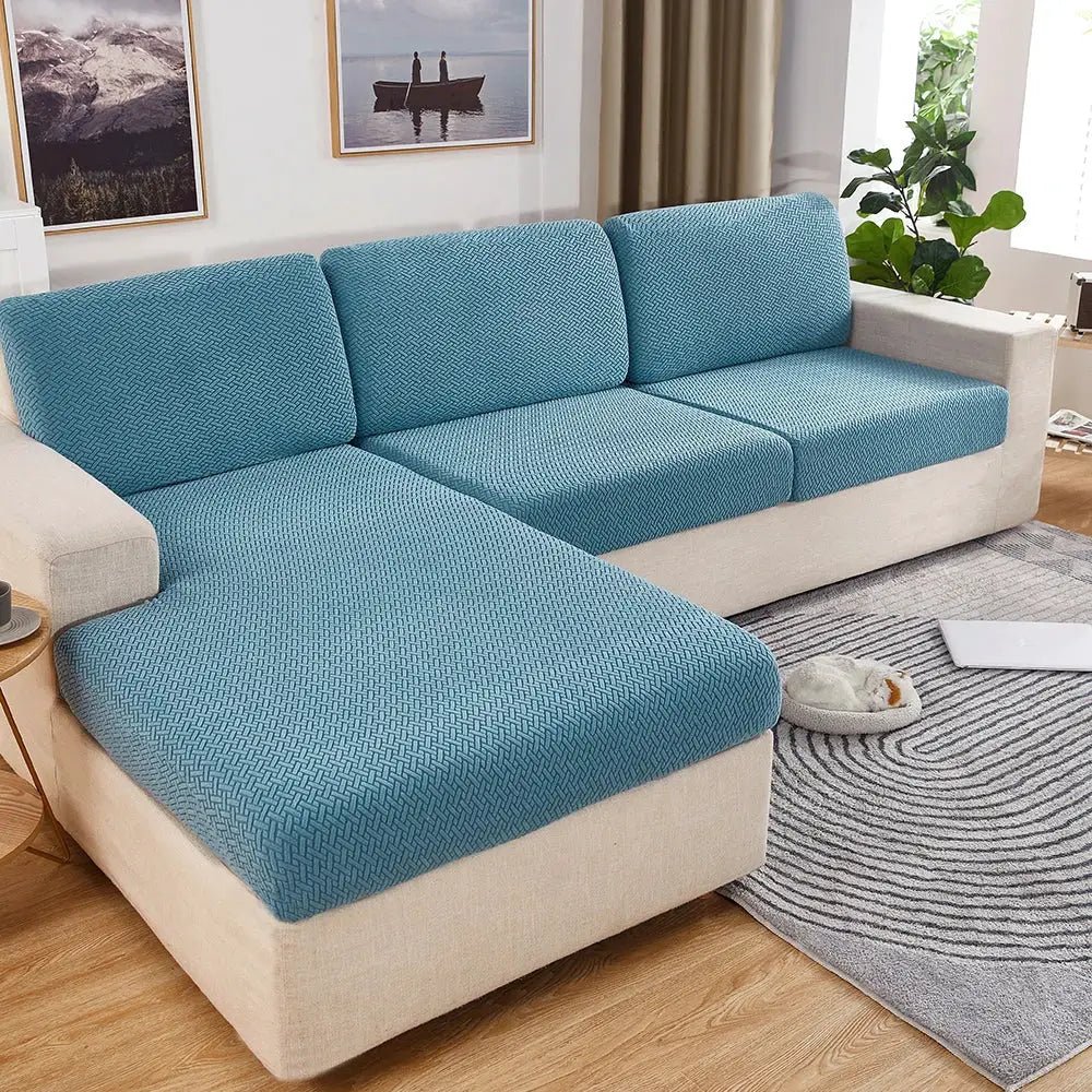 Blue thick jacquard sofa seat cushion covers for beige sectional; removable slipcovers, anti-dust, pet-friendly (4 pcs)