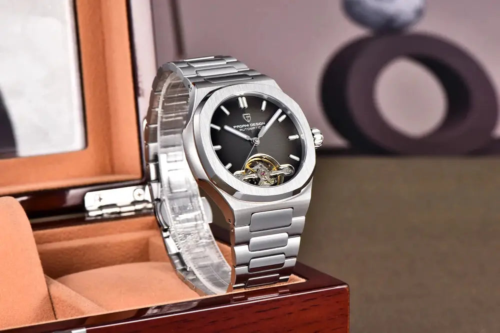 PAGANI DESIGN skeleton men's automatic watch with stainless steel bracelet and open-heart dial