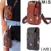 KISMIS men's leather waist bag; two color variants brown and black with shoulder strap, collage of angles.