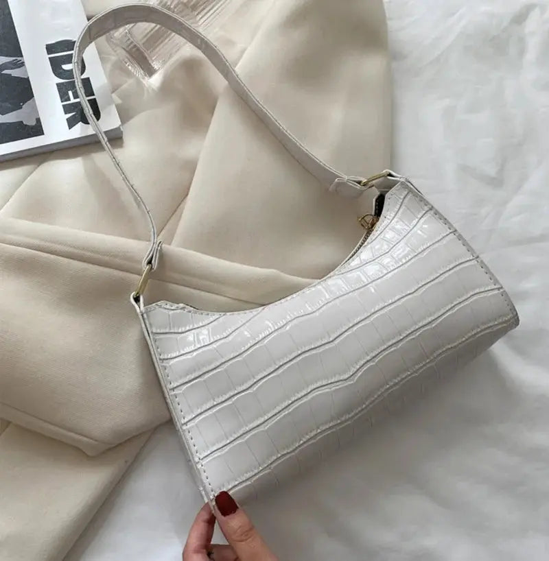 White crocodile-pattern PU leather underarm handbag for women with top zipper and slim strap