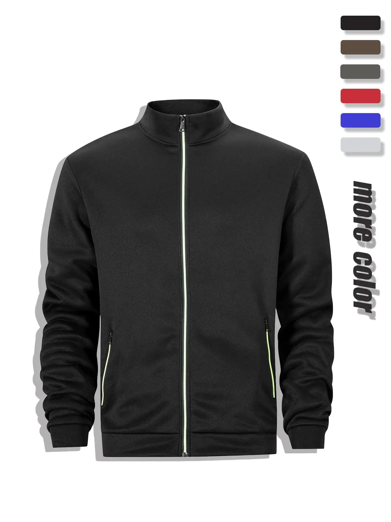 Men's full-zip stand-collar black jacket with neon yellow piping and zippered pockets