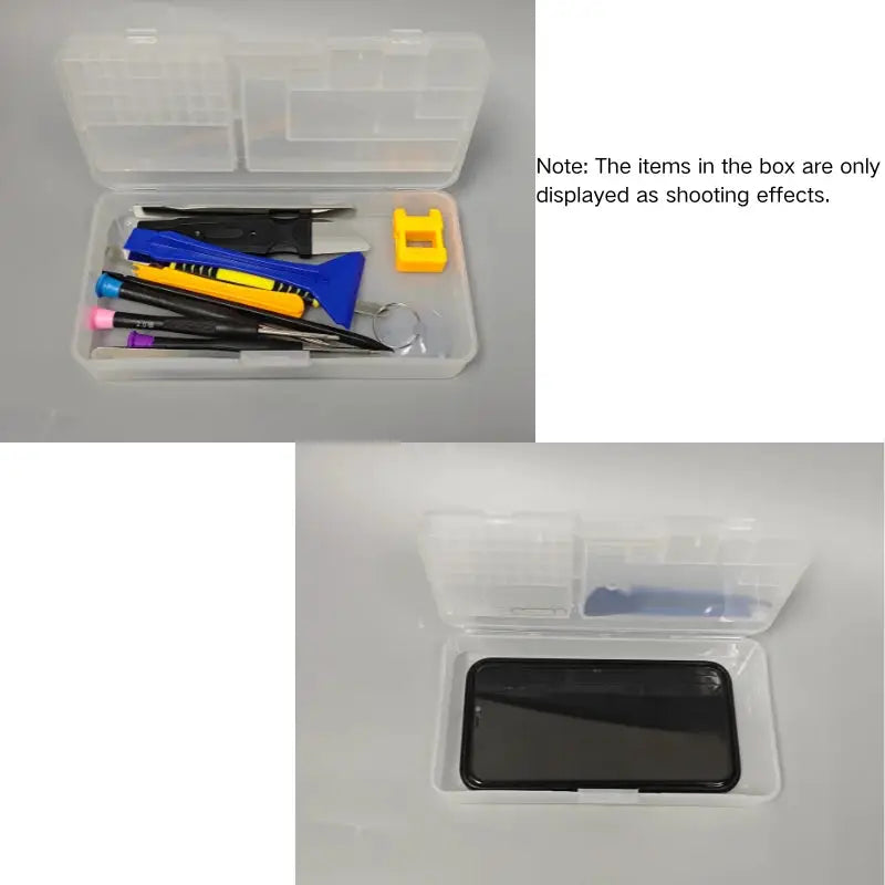 Mobile phone repair organizer case, double-layer transparent tool box with precision tools and a smartphone in the lower tray