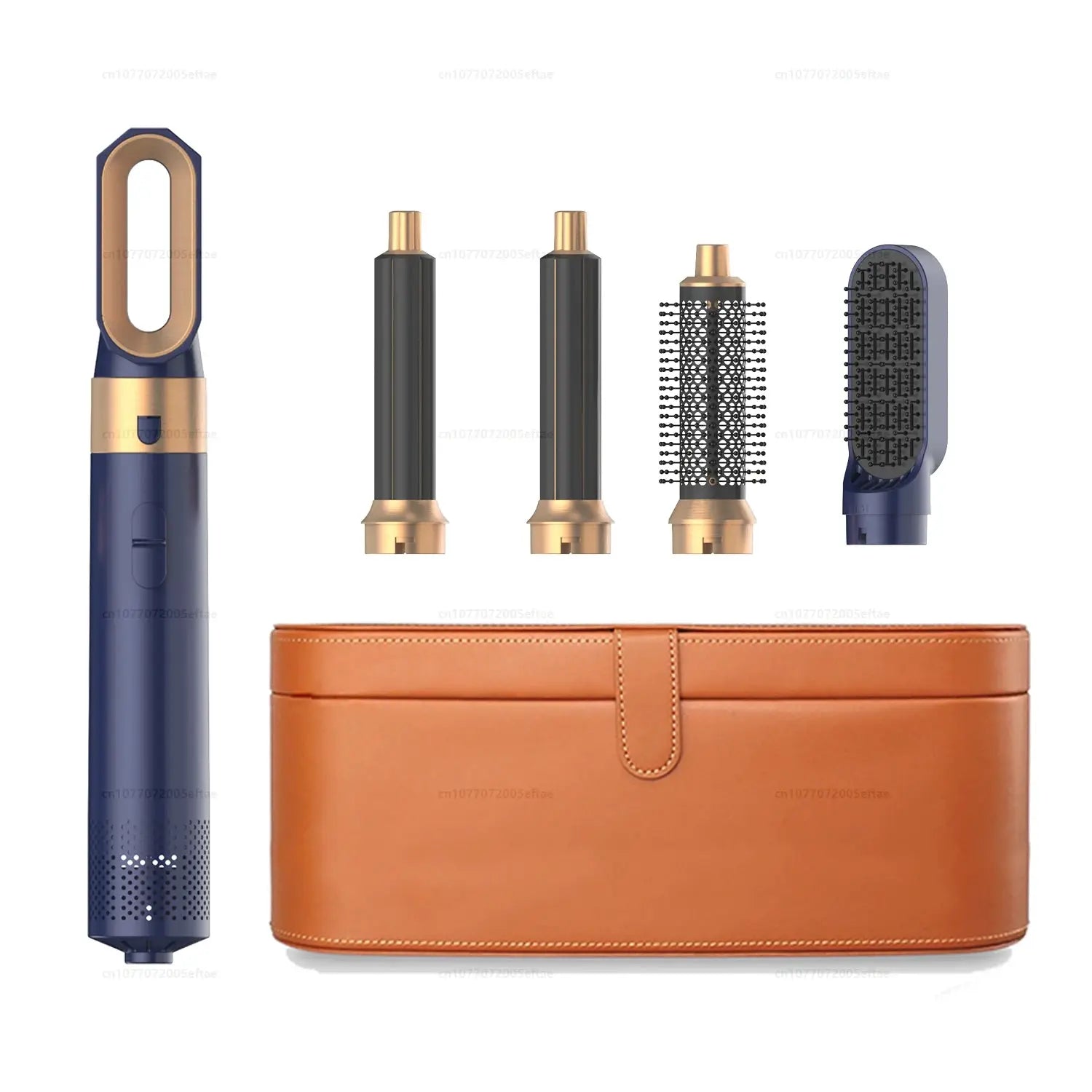 Simples Market 5-in-1 hair styler in navy with rose-gold accents, includes 4 attachments and a brown leather case.