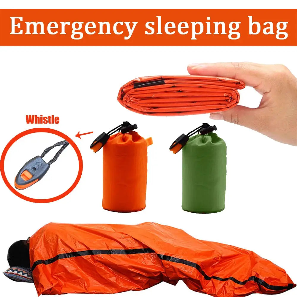 Simples Market 4-piece emergency sleeping bag set with whistle, compact roll-up pouch, and orange/green sacks
