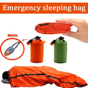 Portable emergency sleeping bag set by Simples Market with orange waterproof pouch, compact roll, whistle, and green dry bag