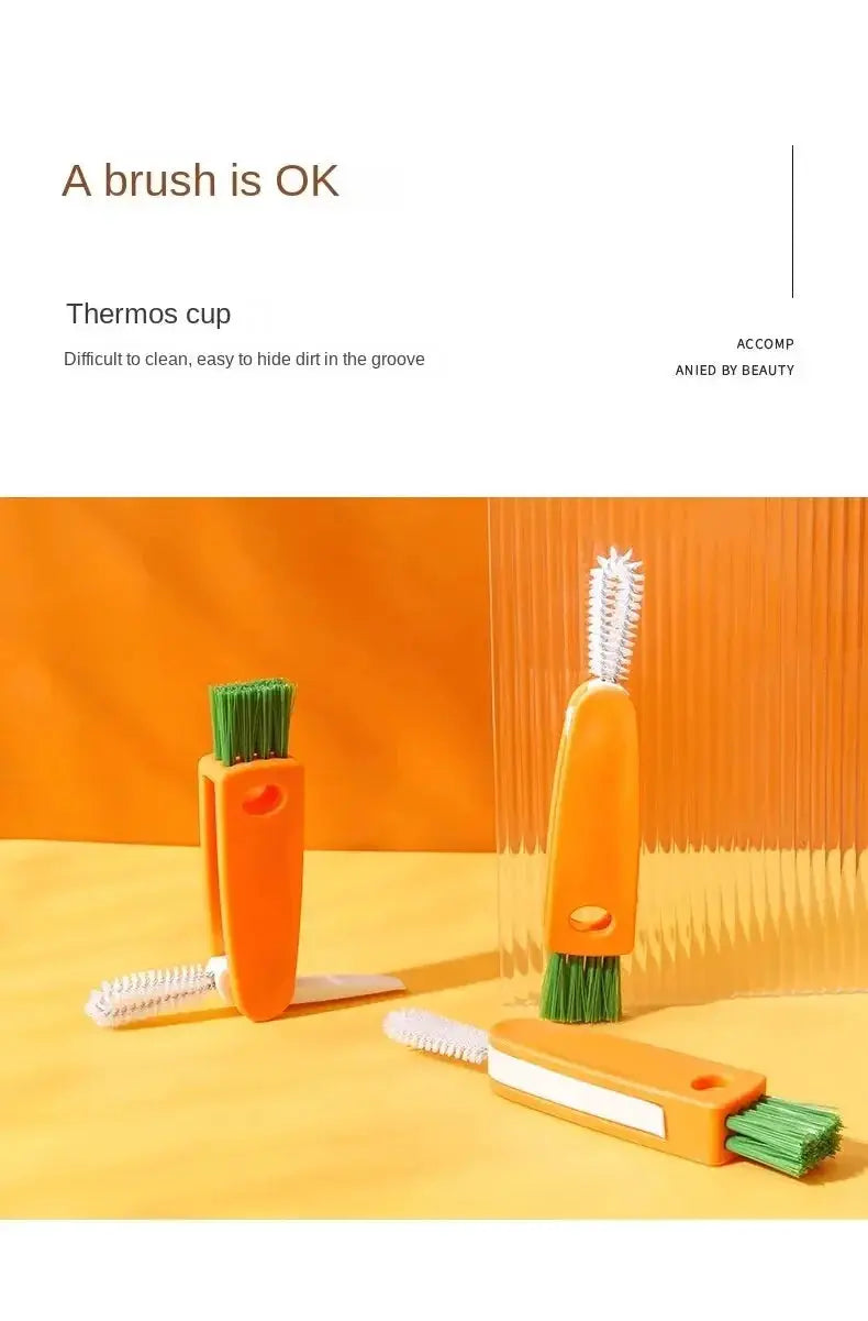 Set of 3 orange bottle cleaning brushes with green bristles for bottles, caps and straws
