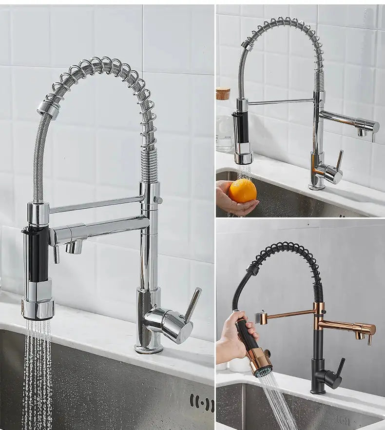 Kitchen faucet with pull-down sprayer, high-arc spring coil; chrome, copper, and black finishes (3 variants)